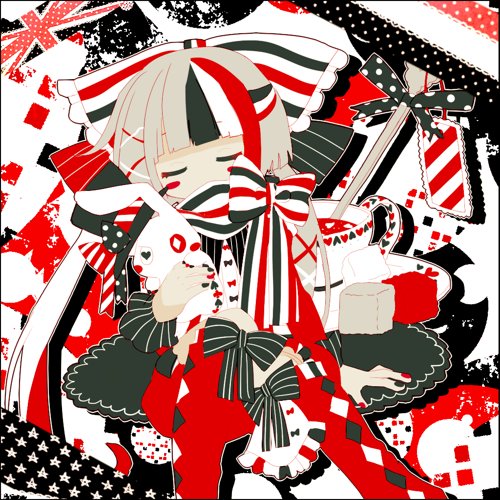1girl, black_bow, black_hair, black_nails, blonde_hair, blunt_bangs, blush_stickers, bow, closed_eyes, commentary, english_commentary, hair_bow, hair_ornament, holding, holding_stuffed_toy, limited_palette, long_hair, mellow_sugar, multicolored_hair, multicolored_nails, no_nose, original, pantyhose, red_bow, red_nails, red_pantyhose, redhead, scarf, sitting, solo, striped, striped_scarf, stuffed_animal, stuffed_rabbit, stuffed_toy, usagi_nui, white_bow, white_hair, white_scarf, x_hair_ornament