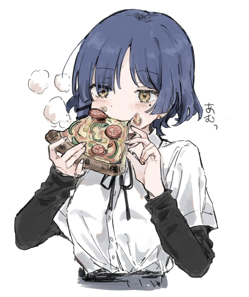 1girl, black_ribbon, black_shirt, blue_hair, bocchi_the_rock!, cropped_torso, eating, food