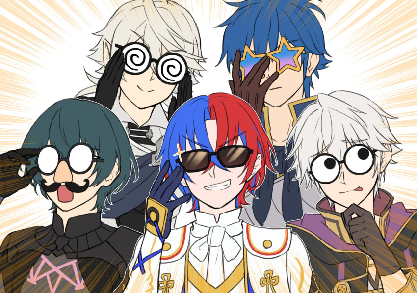 5boys, adjusting_eyewear, alear_(fire_emblem), alear_(male)_(fire_emblem), blue_hair, byleth_(fire_emblem), byleth_(male)_(fire_emblem), commentary_request