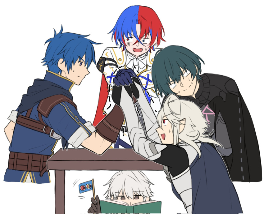 5boys, alear_(fire_emblem), alear_(male)_(fire_emblem), arm_wrestling, blue_hair, book, byleth_(fire_emblem), cape
