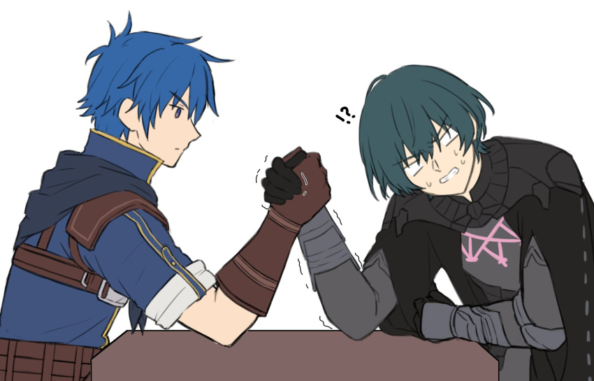 !?, 2boys, arm_wrestling, blue_hair, byleth_(fire_emblem), clenched_teeth, commentary_request, fire_emblem
