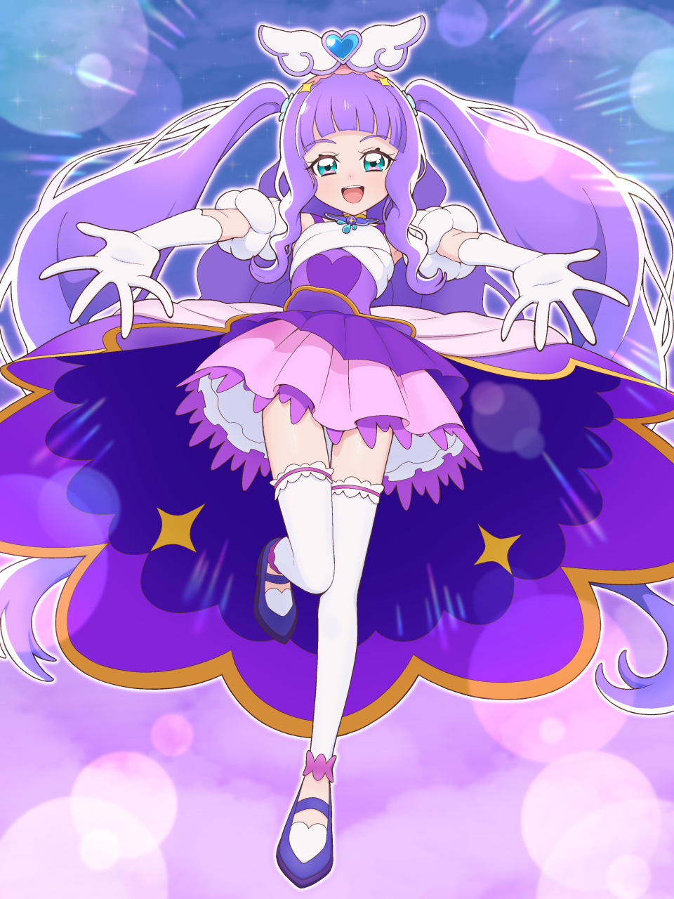 1girl, backlighting, big_hair, bridal_garter, brooch, clothing_cutout, commentary, cure_majesty