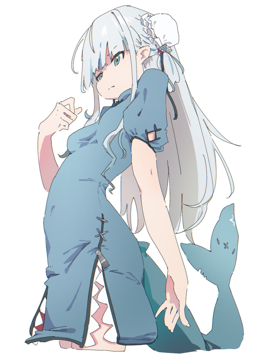 1girl, blue_eyes, blue_hair, blunt_bangs, china_dress, chinese_clothes, dress, fins