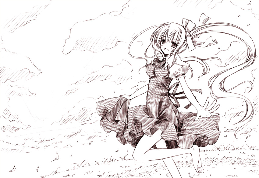 hana_(apple_water), highres, kamio_misuzu, long_hair, monochrome, outstretched_arms, ponytail, school_uniform