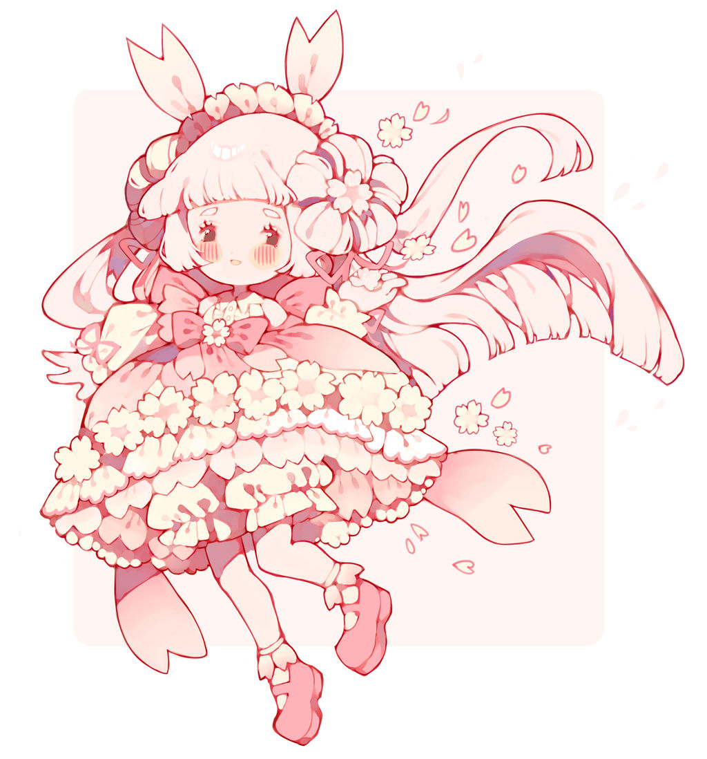 1girl, back_bow, black_eyes, blunt_bangs, blunt_ends, blush_stickers, bow, bubble_skirt