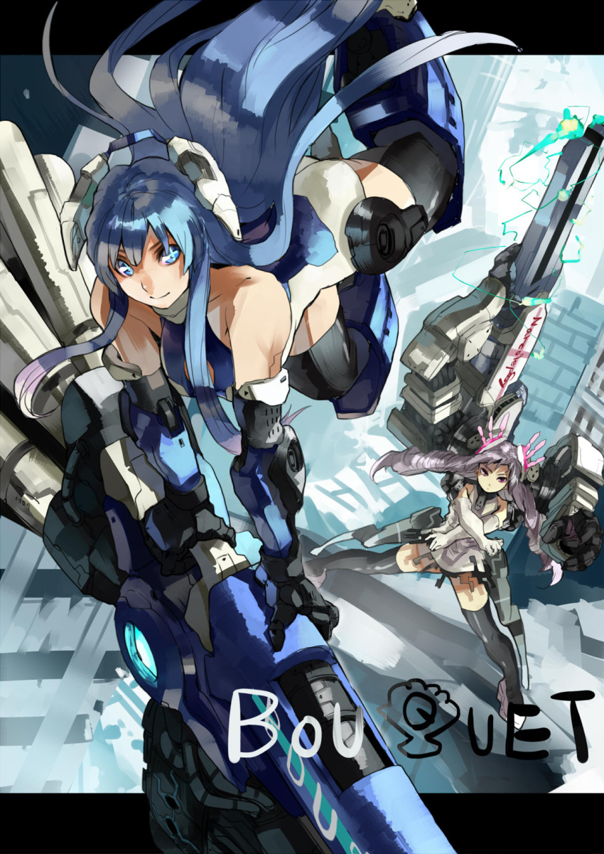bad_id, blue_eyes, blue_hair, gloves, gun, highres, kusanagi_kikoku, long_hair, mecha_musume, original, shit505, thigh-highs, thighhighs, twintails, weapon