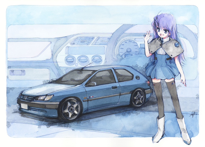 1girl, black_thighhighs, blue_eyes, blue_hair, blue_skirt, boots, capelet, car