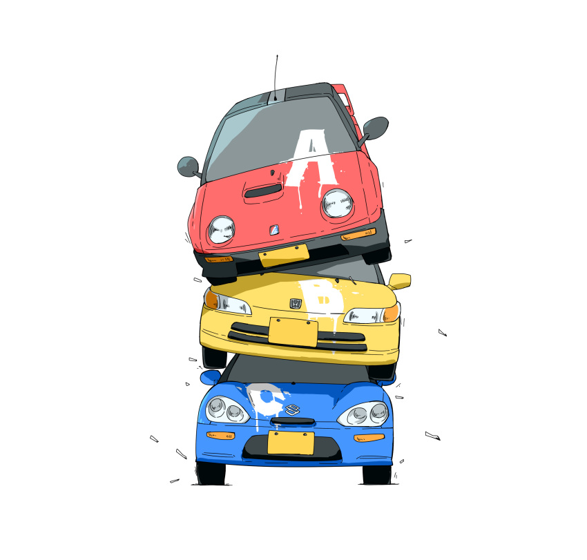 absurdres, autozam_az-1, car, highres, honda, honda_beat, mazda, motor_vehicle, naitsupic, no_humans, original, radio_antenna, shadow, spoiler_(automobile), stack, suzuki_(company), suzuki_cappuccino, vehicle_focus, white_background