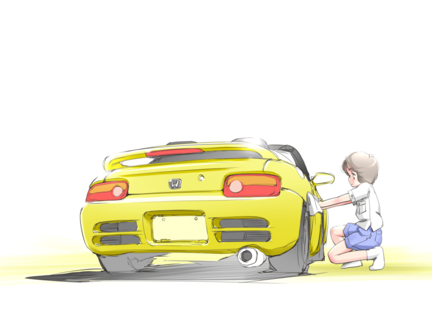 1girl, blue_shorts, brown_eyes, brown_hair, car, convertible, gloves, hi_fumiyo, highres, honda, honda_beat, motor_vehicle, original, shirt, short_sleeves, shorts, smile, socks, solo, spoiler_(automobile), sports_car, squatting, vehicle_focus, washing_vehicle, white_gloves, white_shirt, white_socks