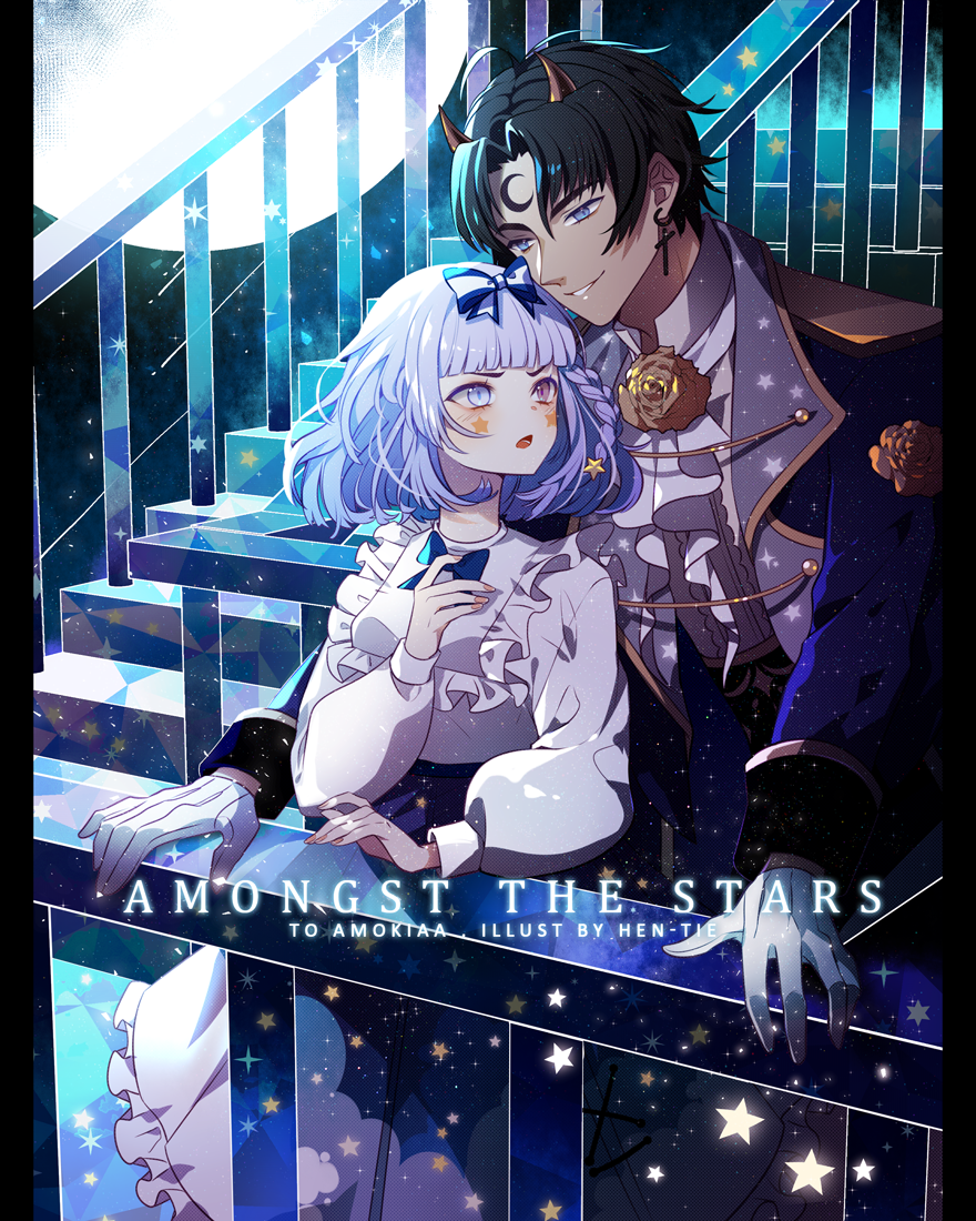 1boy, 1girl, artist_name, ascot, black_hair, black_pants, blue_bodysuit, blue_eyes, blue_jacket, blue_skirt, blue_trim, bodysuit, bow, braid, center_frills, cloud_print, coattails, collar, collared_shirt, couple, crescent, crescent_facial_mark, cross, cross_earrings, earrings, english_commentary, english_text, eyelashes, facial_mark, fingernails, flower_brooch, forehead_mark, frilled_collar, frilled_skirt, frills, frown, full_moon, gift_art, gloves, gold_horns, gold_rose, gold_trim, hair_bow, hair_ornament, hand_up, hen-tie, hetero, heterochromia, high-waist_skirt, jacket, jewelry, leaning_on_person, light_purple_hair, long_skirt, long_sleeves, looking_to_the_side, marking_on_cheek, moon, night, night_sky, open_mouth, original, pants, parted_bangs, parted_lips, pink_eyes, puffy_long_sleeves, puffy_sleeves, railing, shirt, short_hair, shoulder_pads, single_braid, skirt, sky, slit_pupils, small_horns, smile, stairs, star_(sky), star_(symbol), star_hair_ornament, star_on_cheek, striped, striped_bow, tan, teeth, v-shaped_eyebrows, violet_eyes, watermark, white_ascot, white_bow, white_gloves, white_shirt
