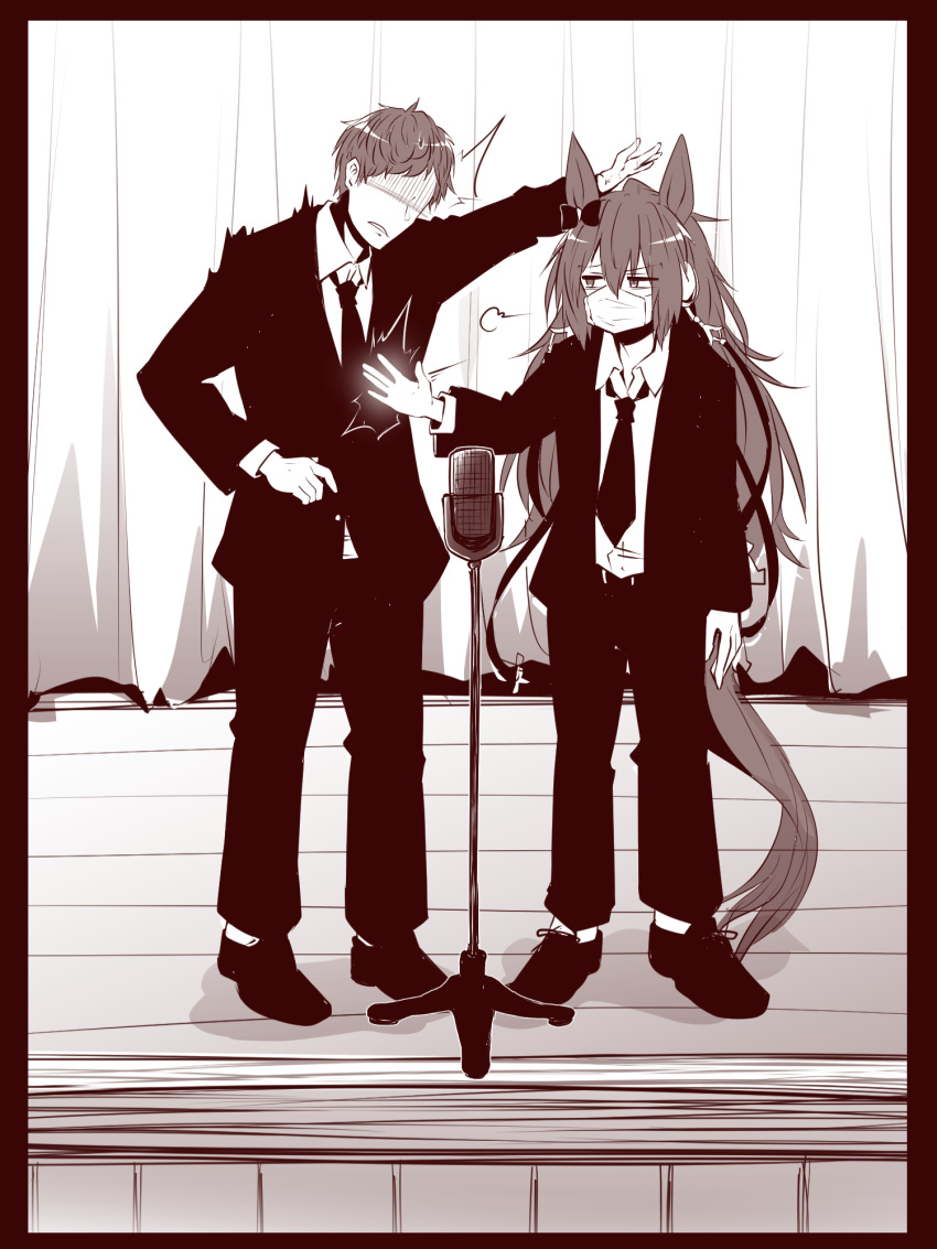 1boy, 1girl, ^^^, animal_ears, black_border, border, commentary, dress_shoes, ear_bow, hair_between_eyes, highres, horse_ears, horse_girl, horse_tail, ikezoe_ken'ichi, jacket, long_hair, manzai, mask, messy_hair, microphone, microphone_stand, mouth_mask, necktie, netkeibatv, open_clothes, open_jacket, orfevre_(umamusume), pants, scene_reference, sepia, shaded_face, short_hair, sideways_glance, slapping, stage, stage_curtains, suit, tail, trembling, umamusume, visible_air, yonedatomo_mizu