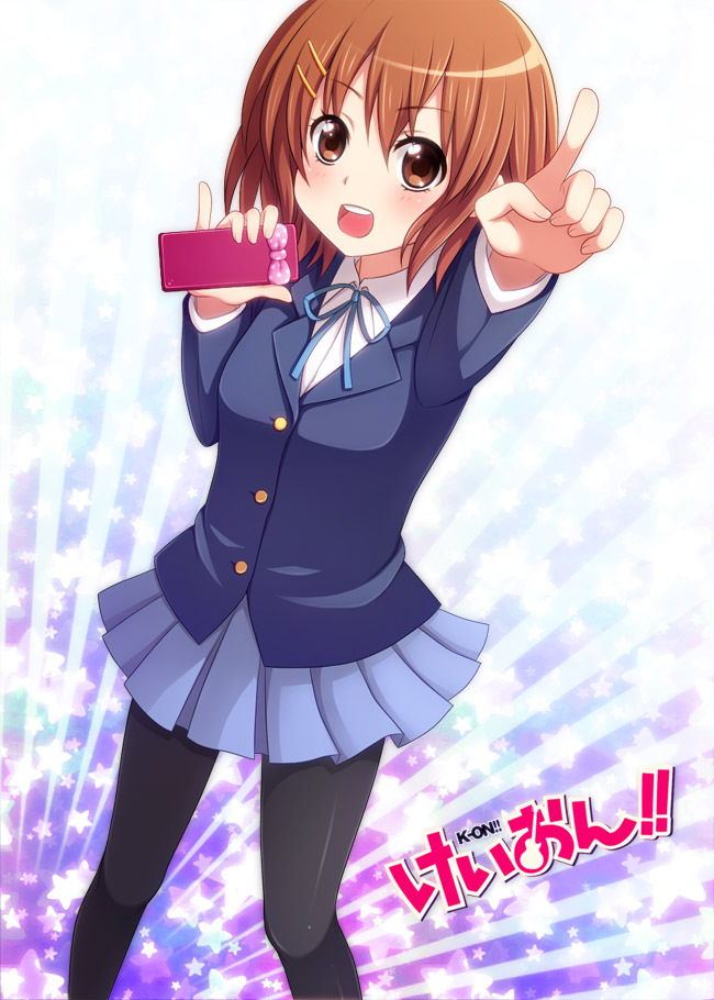 brown_hair, hirasawa_yui, instrument, k-on!, konayuki, pantyhose, pencil_case, pointing
