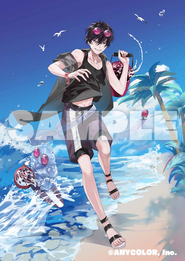 1boy, beach, belt, bird, black_hair, black_jacket, black_tank_top, blue_belt