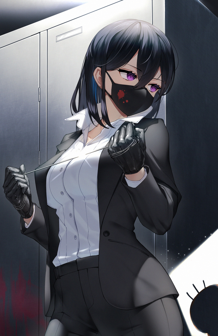 1girl, black_gloves, black_hair, black_jacket, black_mask, black_pants, black_suit, blood