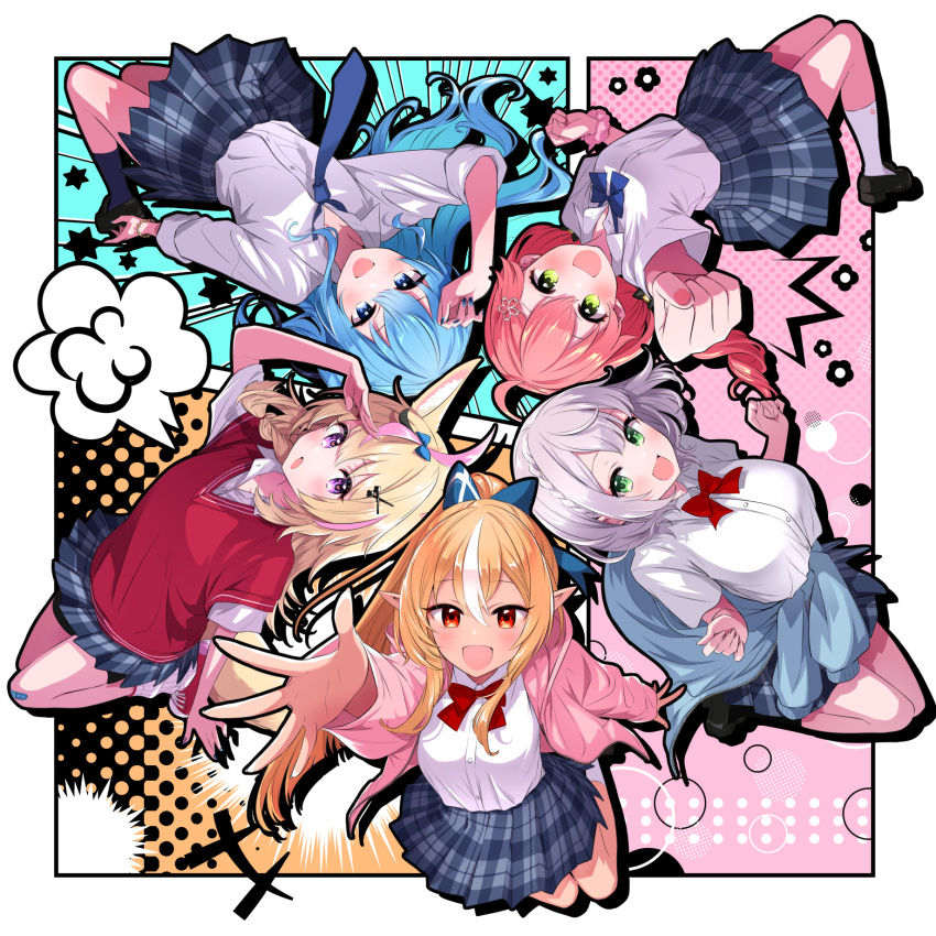 5girls, ahoge, animal_ears, blonde_hair, blue_eyes, blue_hair, bow, bowtie