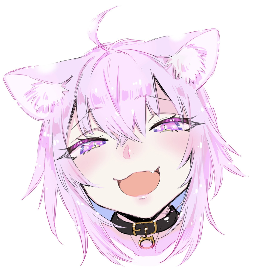1girl, :3, :d, ahoge, animal_ear_fluff, animal_ears, black_collar, cat_ears