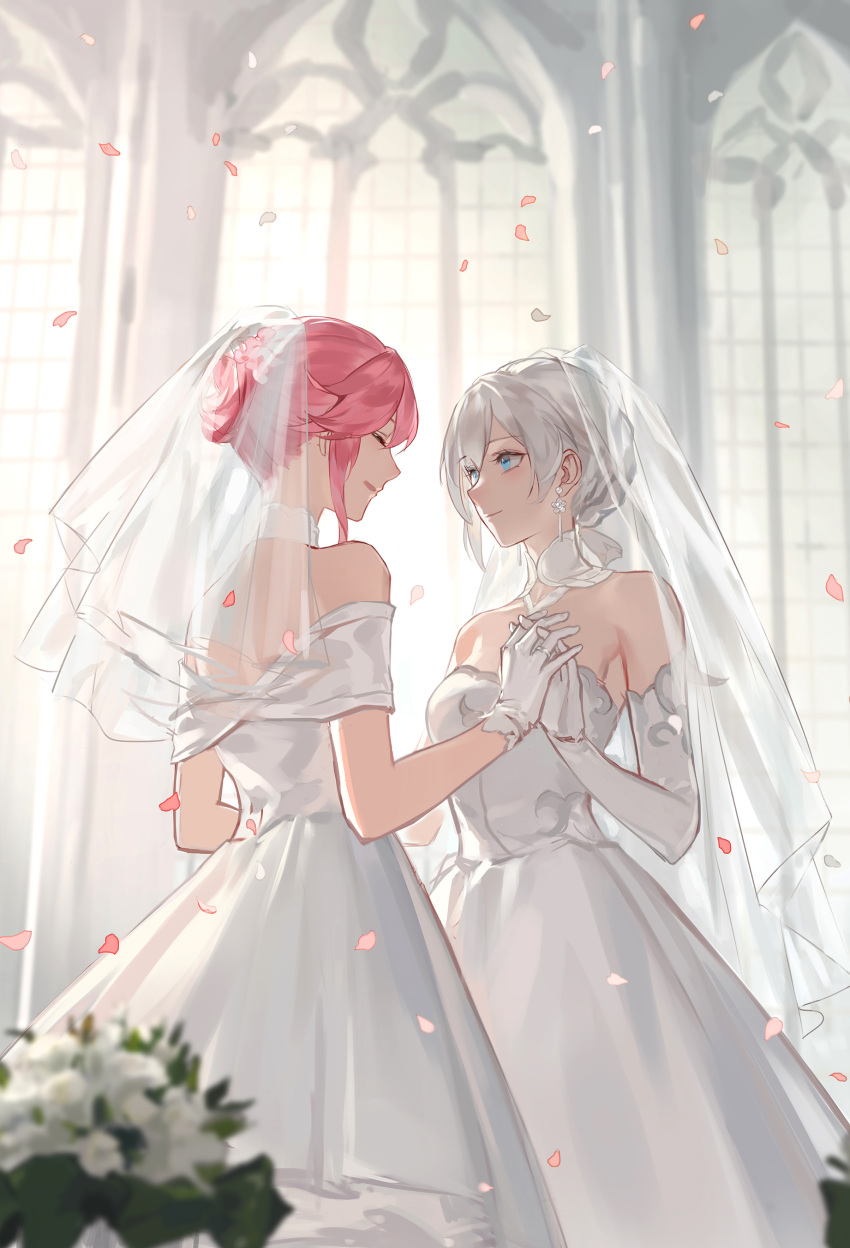 2girls, absurdres, alternate_costume, alternate_hairstyle, bamboo_nima, bare_shoulders, blue_eyes, bouquet