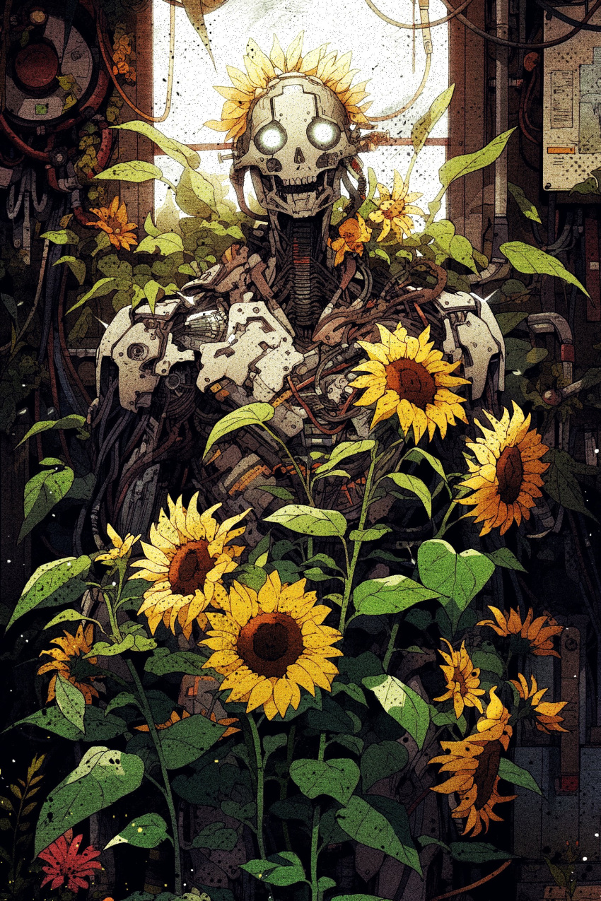 absurdres, ai-generated, android, cable, doorway, english_commentary, flower, highres, indoors, kenva, leaf, no_humans, open_mouth, original, poster_(object), skeleton, solid_circle_eyes, solo, sunflower, teeth, white_eyes, yellow_flower