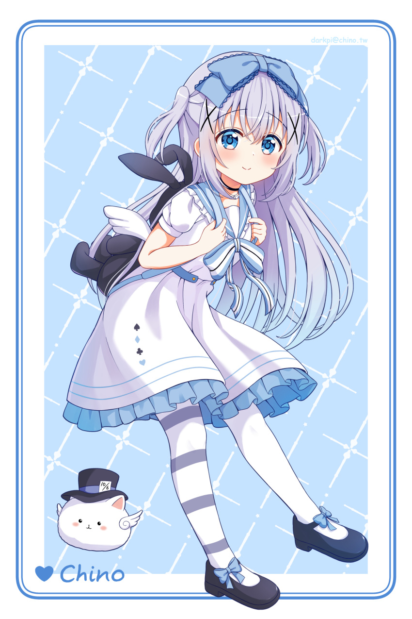 1girl, blue_eyes, blue_hair, bow, bowtie, darkpi_(sekzpeodgeodjg), dress, gochuumon_wa_usagi_desu_ka?, headband, highres, kafuu_chino, light_blue_hair, pantyhose, rabbit, shoes, solo, tippy_(gochiusa), white_dress, white_pantyhose