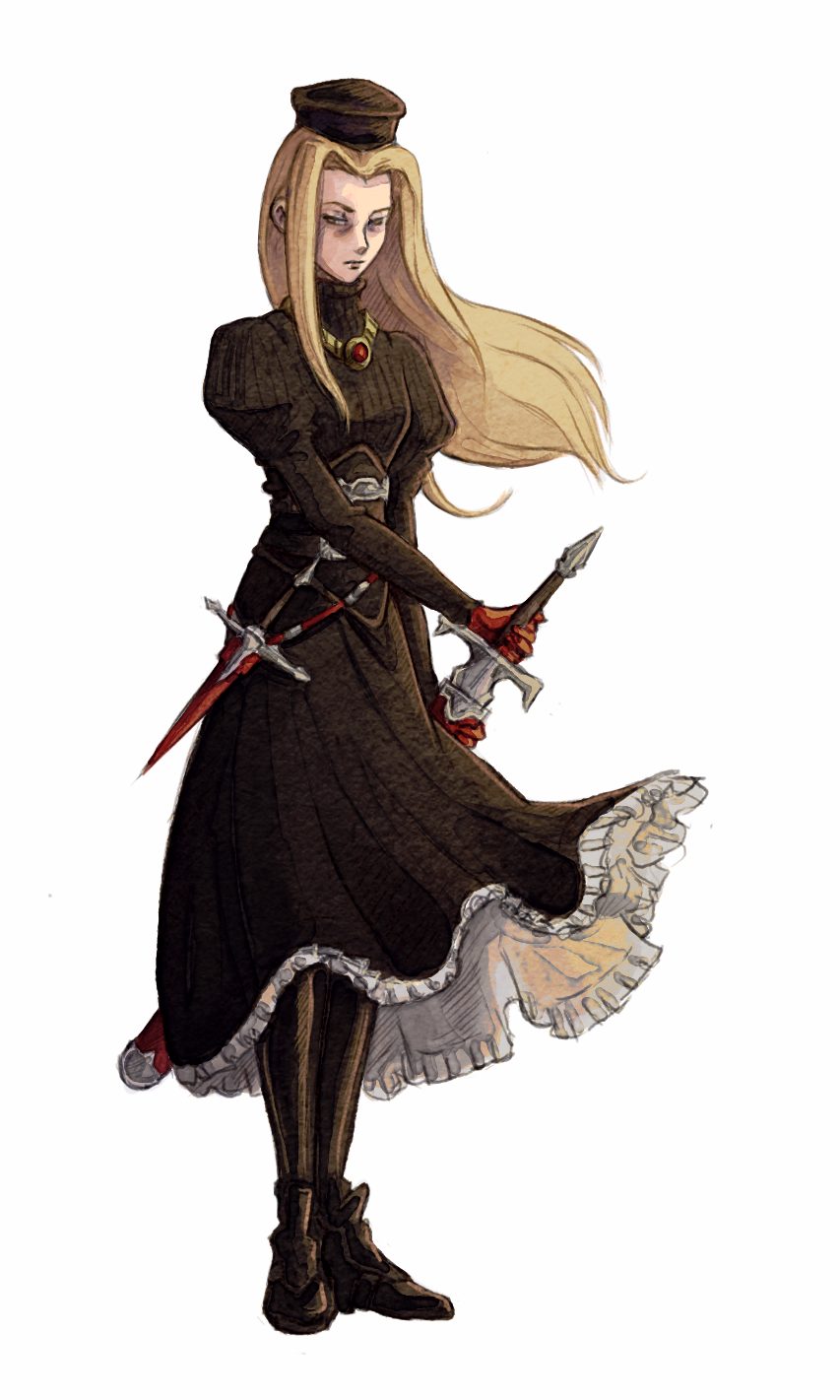 1girl, black_dress, black_footwear, black_headwear, black_pantyhose, blonde_hair, bluebudgie, catiua_powell