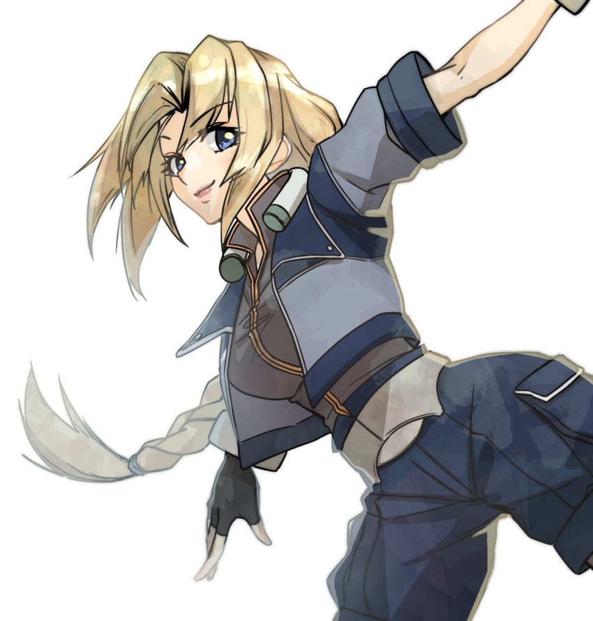 1girl, blonde_hair, blue_eyes, braid, breasts, closed_mouth, cropped_jacket, fingerless_gloves