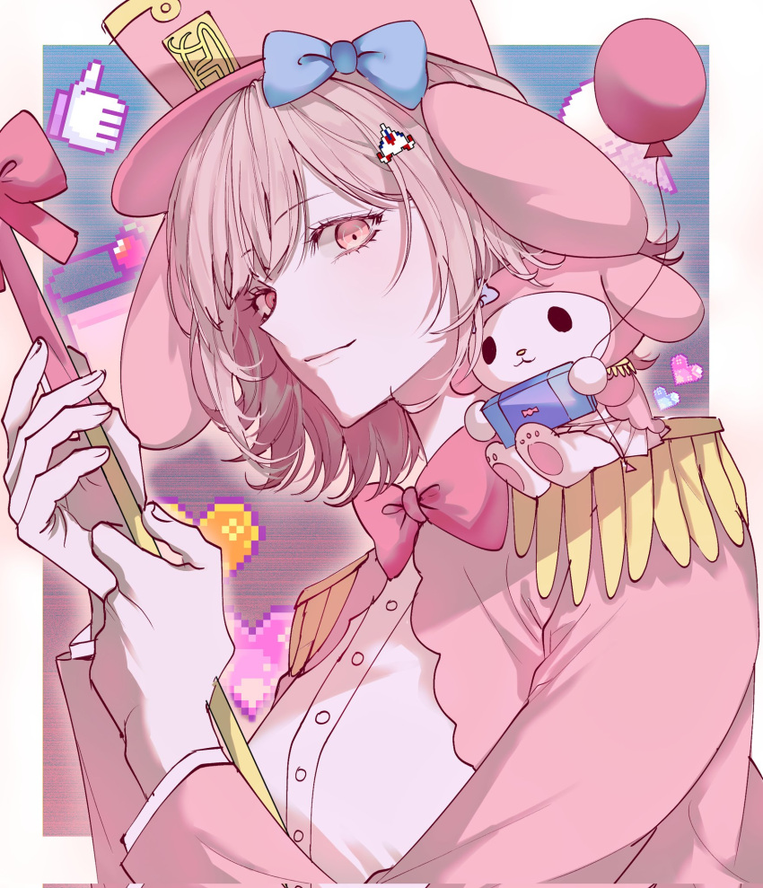 1girl, balloon, bibon_(boileddangan), blue_bow, bow, bowtie, closed_mouth, danganronpa_(series)