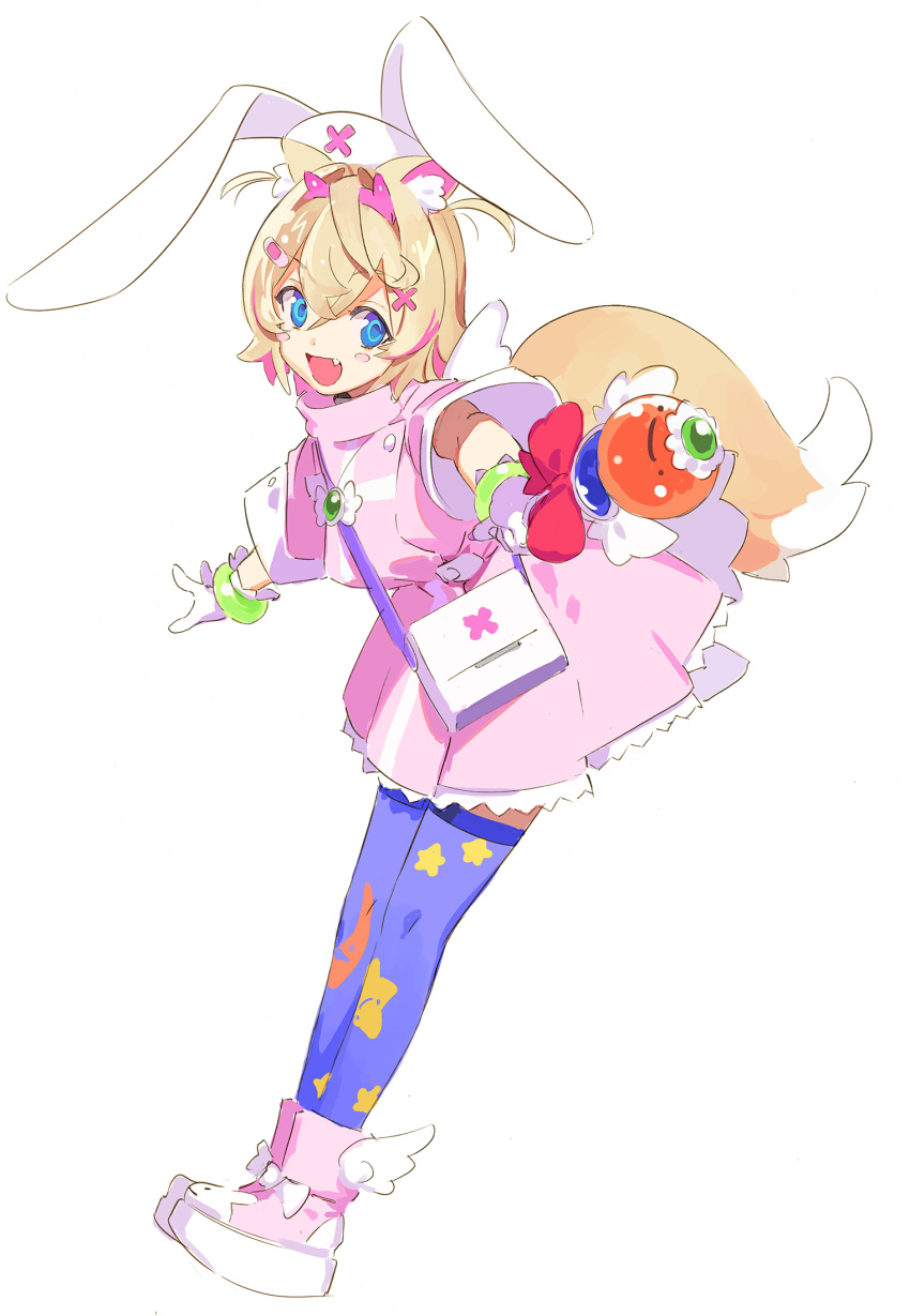 1girl, :d, animal_ears, blonde_hair, blue_eyes, blue_thighhighs, blush_stickers, cosplay