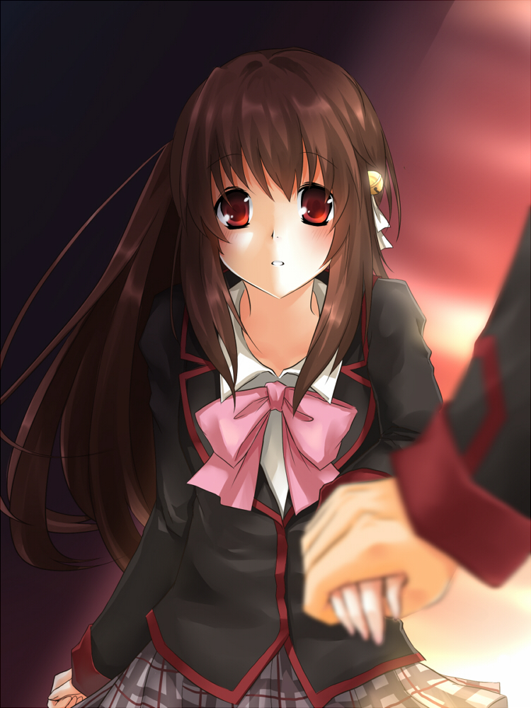 blur, brown_hair, dragging, little_busters!!, long_hair, natsume_rin, perspective, plaid