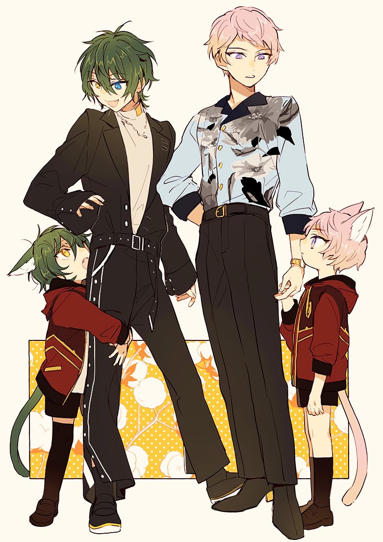 4boys, aged_down, amanemio2, animal_ears, belt, black_hair, black_jacket, black_pants