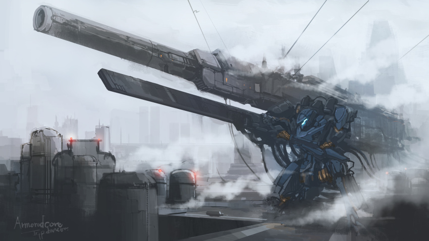 1boy, aiming, armored_core, armored_core_6, artist_name, copyright_name, full_body, glowing
