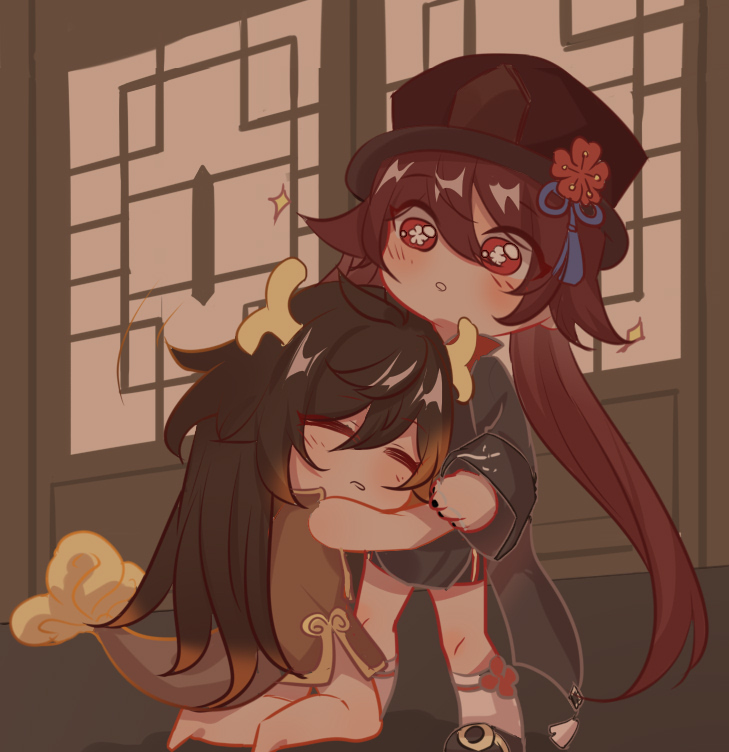1boy, 1girl, barefoot, blush, chibi, chinese_clothes, closed_eyes, dragon_horns, dragon_tail, genshin_impact, horns, hu_tao_(genshin_impact), hug, tail, tianheliming, zhongli_(genshin_impact)