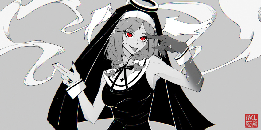 1girl, absurdres, bandaid, bandaid_on_face, braid, cigarette, commentary, english_commentary