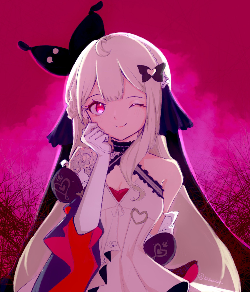 1girl, ;), bow, detached_sleeves, dress, gloves, grey_hair, hair_bow, highres, nasuuuna, nijisanji, nijisanji_en, official_alternate_costume, one_eye_closed, pink_eyes, reimu_endou, reimu_endou_(2nd_costume), smile, solo, virtual_youtuber, white_dress, white_gloves