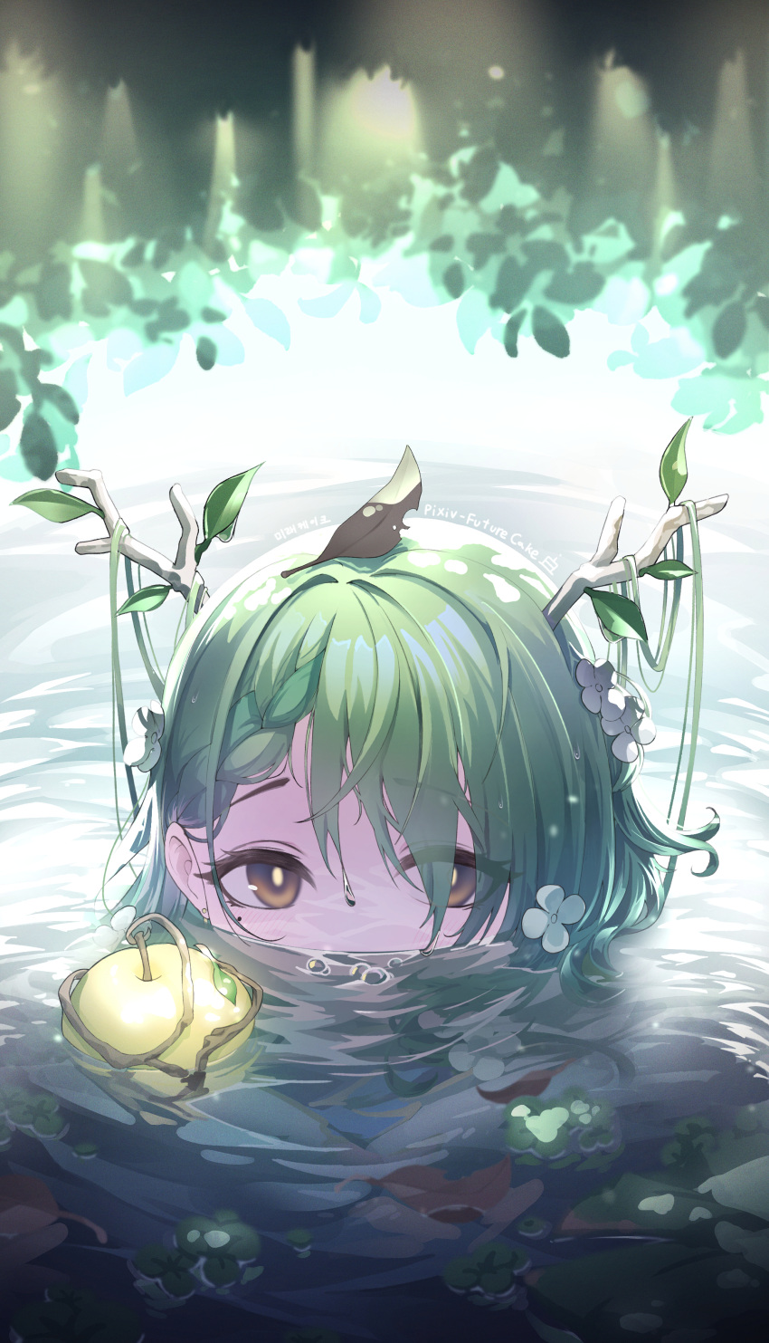 1girl, absurdres, antlers, apple, ceres_fauna, flower, food, fruit, future_cake, golden_apple, green_hair, hair_flower, hair_ornament, highres, hololive, hololive_english, leaf, leaf_on_head, lily_pad, looking_at_viewer, mole, mole_under_eye, partially_submerged, solo, virtual_youtuber, water, yellow_eyes