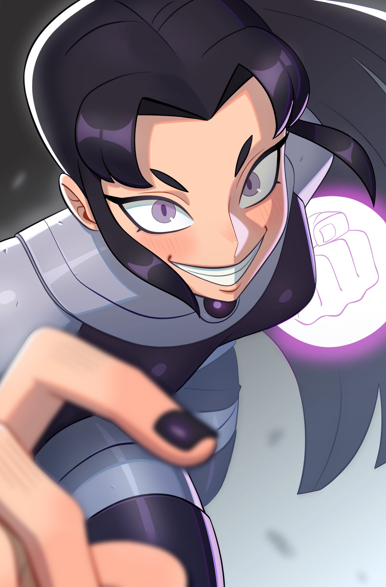 1girl, awawawaart, black_hair, black_nails, blackfire, clenched_hand, dc_comics, energy_fist