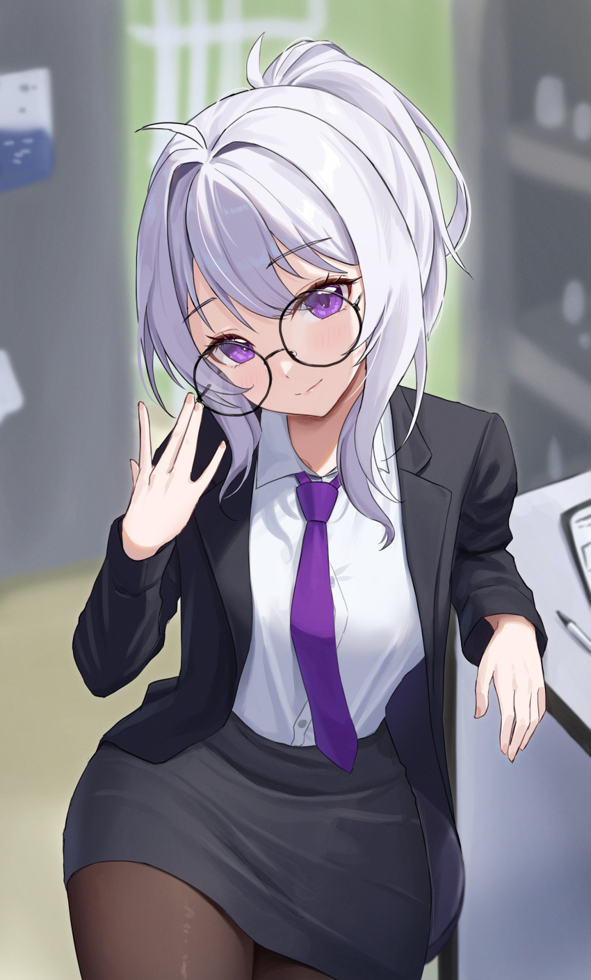 1girl, absurdres, adjusting_eyewear, black_jacket, black_skirt, blurry, blurry_background, closed_mouth