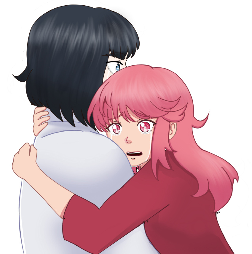 black_hair, bob_cut, comforting, crying, crying_with_eyes_open, highres, hug, jakuzure_nonon