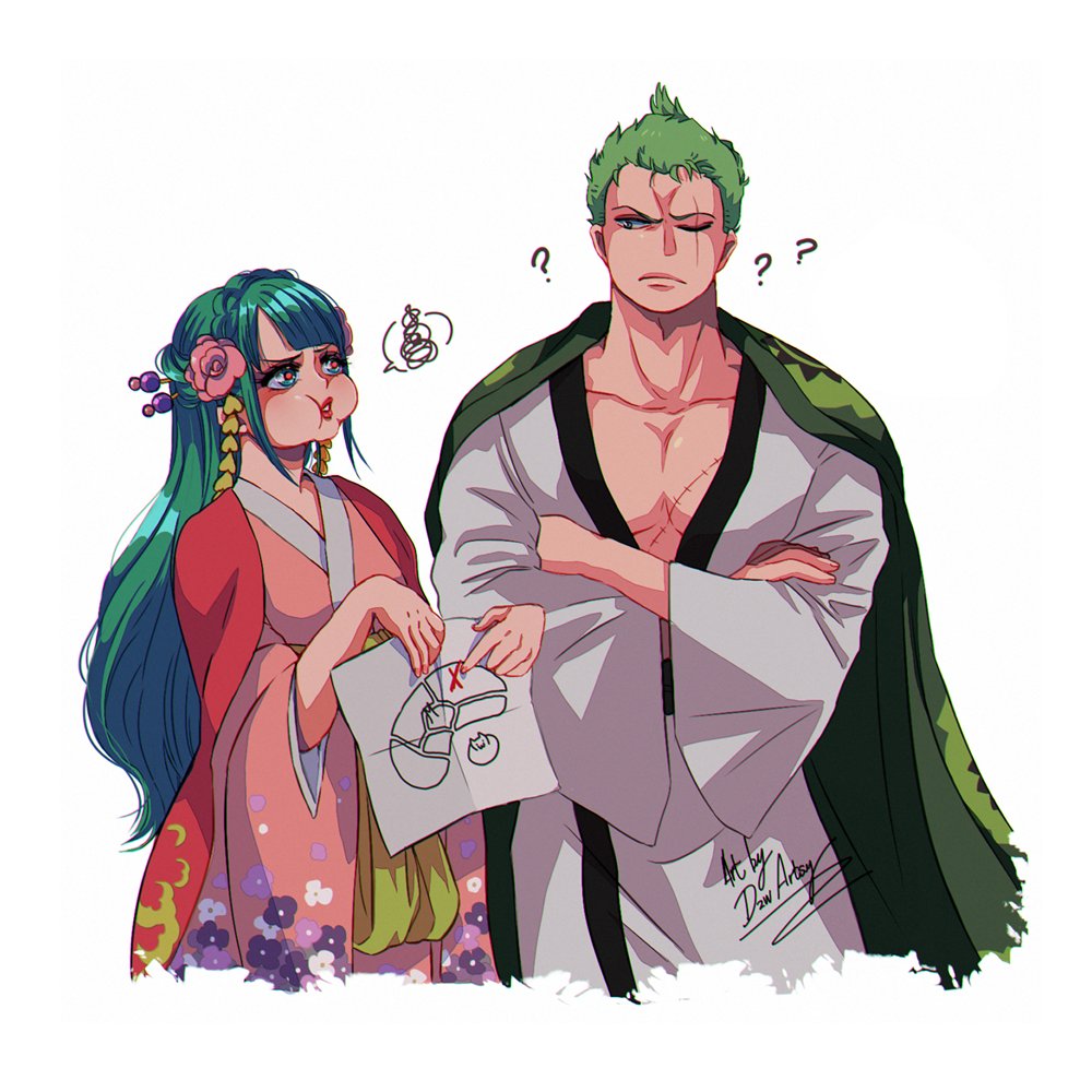 1boy, 1girl, ?, aqua_hair, closed_mouth, crossed_arms, dzwartsy, english_commentary, flower, green_hair, hair_bun, hair_flower, hair_ornament, hair_stick, holding, holding_map, japanese_clothes, kouzuki_hiyori, lipstick, long_hair, looking_at_another, makeup, map, one_eye_closed, one_piece, open_clothes, puffy_cheeks, red_pupils, roronoa_zoro, scar, scar_across_eye, scar_on_chest, scar_on_face, short_hair, signature, simple_background, traditional_clothes, white_background