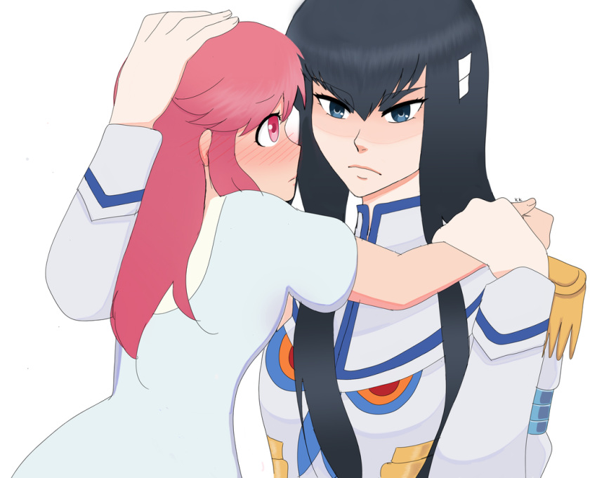 black_hair, commentary, english_commentary, epaulettes, hand_on_another's_head, height_difference, hime_cut, jakuzure_nonon, junketsu, karinakamichi, kill_la_kill, kiryuuin_satsuki, living_clothes, long_hair, pink_eyes, pink_hair, protecting, thick_eyebrows, yuri