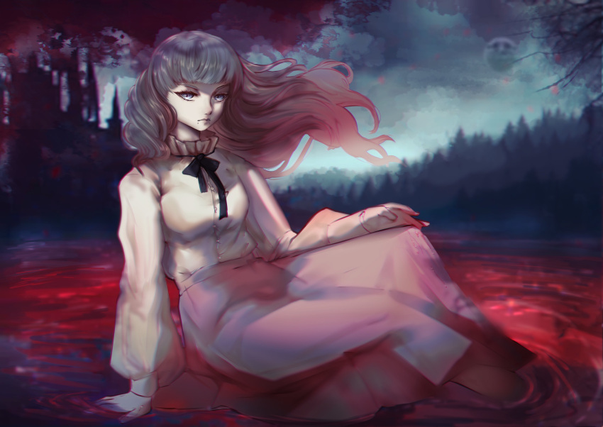 1boy, absurdres, blood, castle, collared_dress, crossdressing, dress, fear_&amp;_hunger_2:_termina