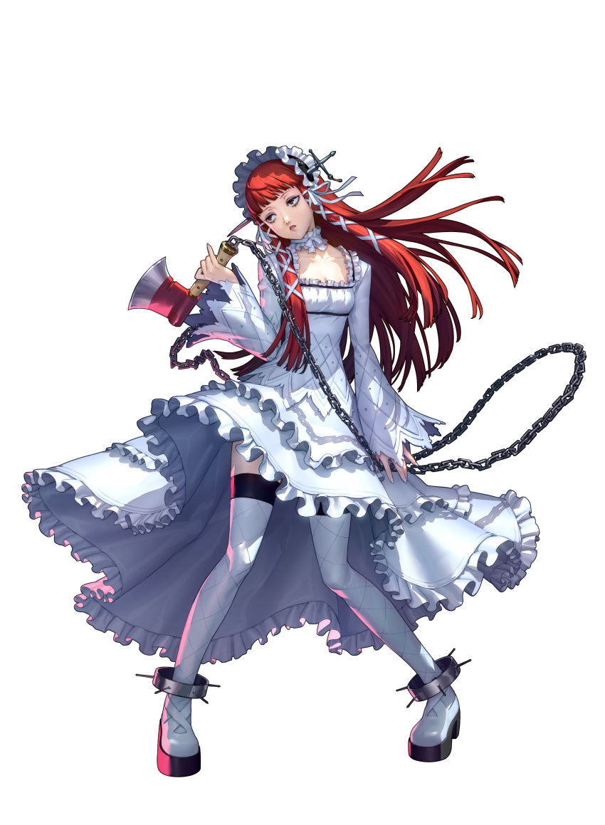 absurdres, artist_request, axe, bow, chain_weapon, choker, dress, english_commentary, frilled_dress, frills, full_body, gothic_lolita, hair_ornament, high_heels, highres, holding, holding_axe, holding_weapon, lolita_fashion, long_sleeves, official_art, persona, persona_3, persona_3_reload, redhead, thigh-highs, weapon, white_background, white_choker, white_dress, white_thighhighs, yoshino_chidori