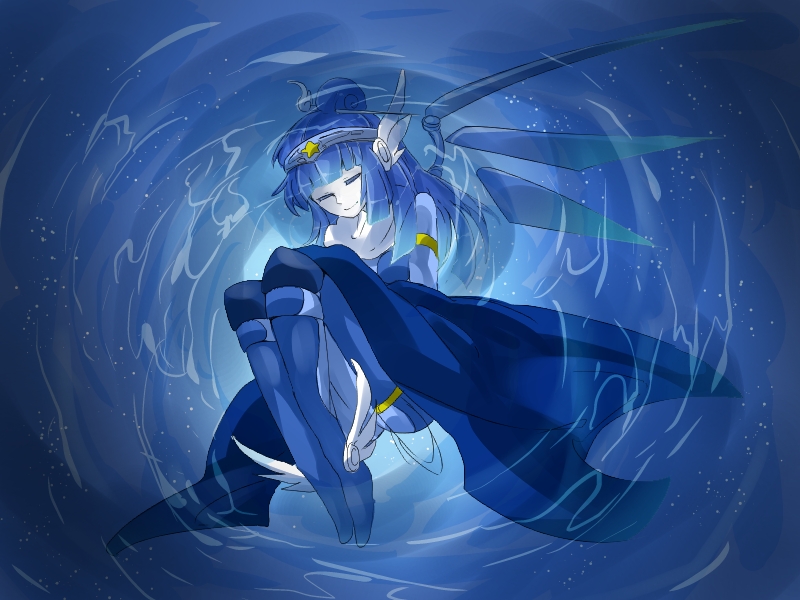 1girl, blue_armor, blue_background, blue_footwear, blue_hair, blue_headband, blue_jacket, blue_pantyhose