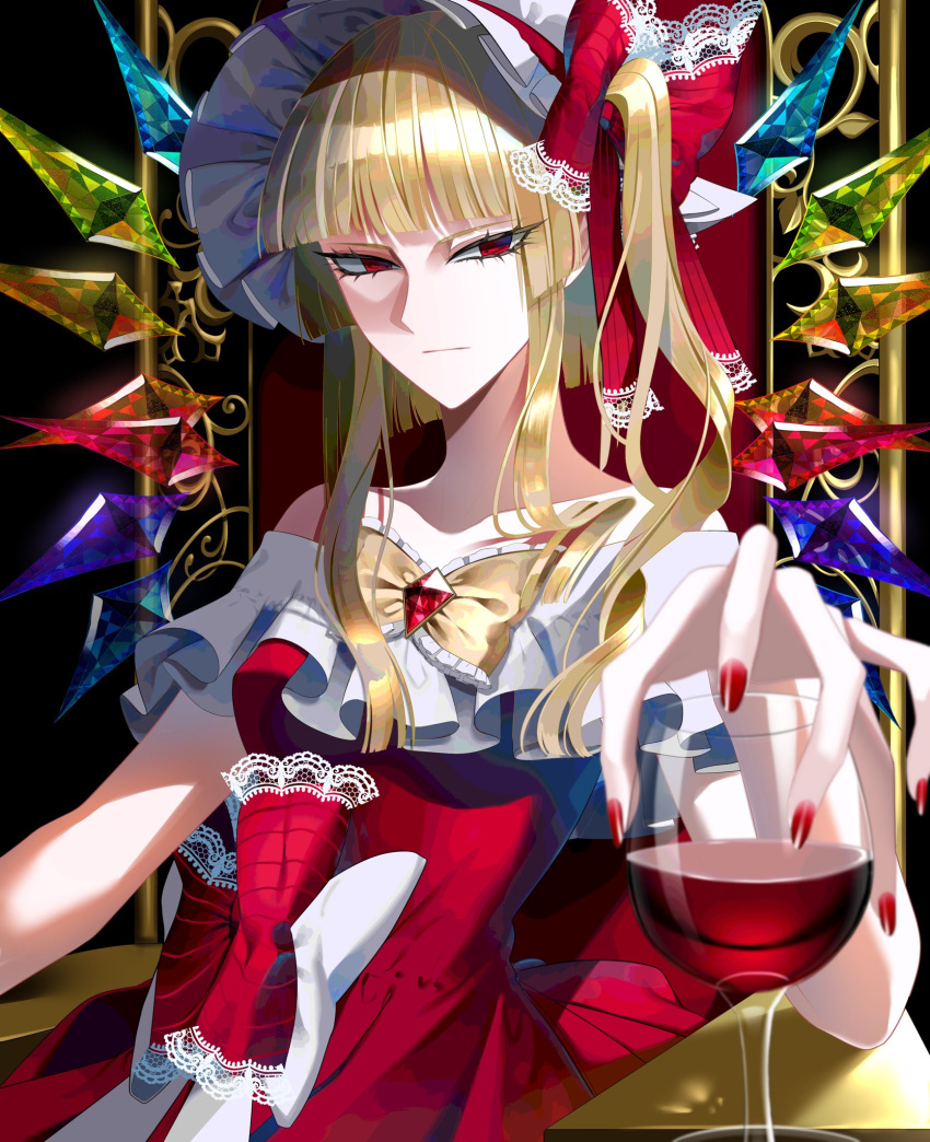 1girl, bare_shoulders, blonde_hair, blunt_bangs, bow, crystal, cup, dress