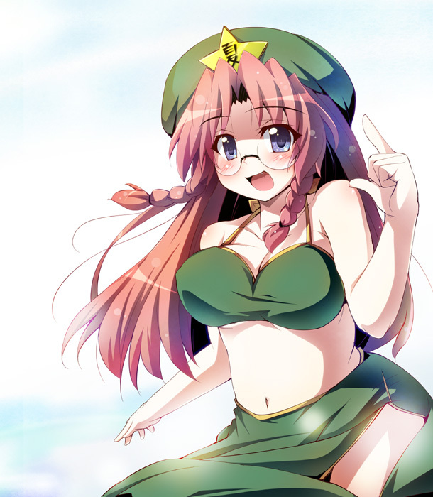 bespectacled, bikini_top, blue_eyes, blush, braid, glasses, hat, hong_meiling
