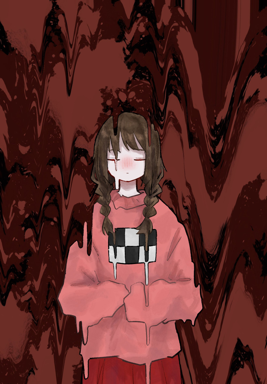 1girl, :|, abstract, black_outline, blush, braid, closed_mouth, cowboy_shot, denkai_461, dripping, expressionless, facing_viewer, hair_over_shoulder, hands_up, highres, long_hair, long_sleeves, long_torso, madotsuki, medium_bangs, melting, no_nose, nose_blush, outline, pink_sweater, pleated_skirt, red_background, red_skirt, skirt, sleeves_past_wrists, solo, sweater, swept_bangs, tall_female, twin_braids, twintails, yume_nikki