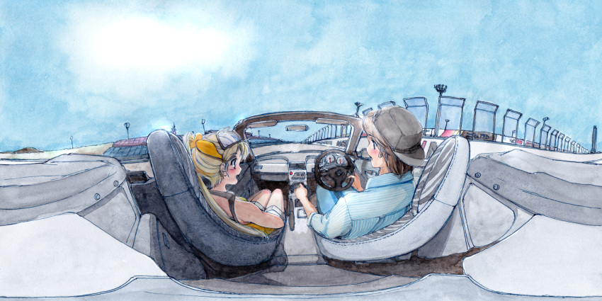 1boy, 1girl, black_headwear, blue_eyes, blue_pants, blue_shirt, blush, brown_hair, car, collared_shirt, convertible, dress, driving, hat, hi_fumiyo, highres, honda, honda_beat, honda_beat_(syanago_collection), motor_vehicle, panorama, pants, ponytail, racetrack, shirt, short_hair, shorts, sitting, sky, smile, syanago_collection, traditional_media, vehicle_and_personification, vehicle_interior, white_shorts, yellow_dress