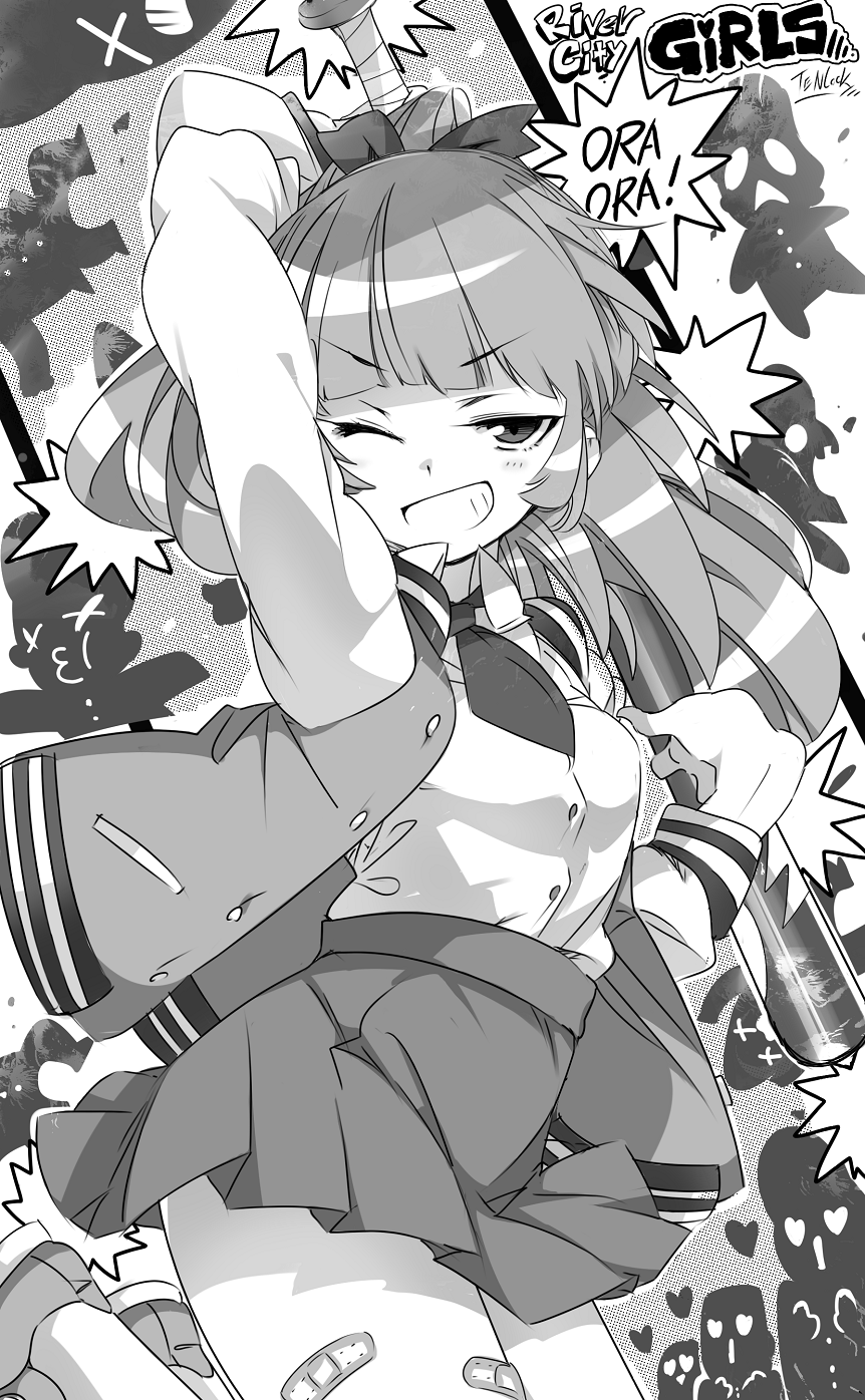 1girl, arm_up, bandaid_on_thigh, baseball_bat, blush, bow, breasts, buttons