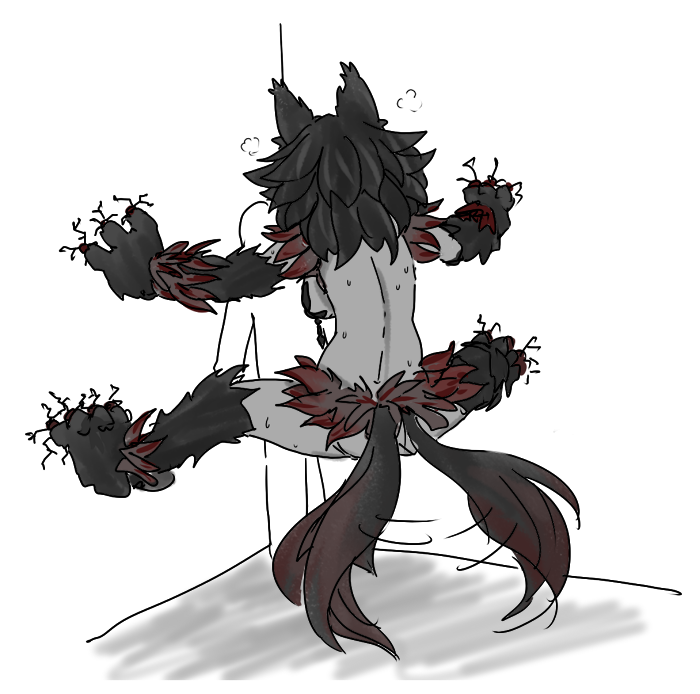 1boy, 1girl, animal_ears, animal_hands, black_fur, claws, colored_skin, dog_ears
