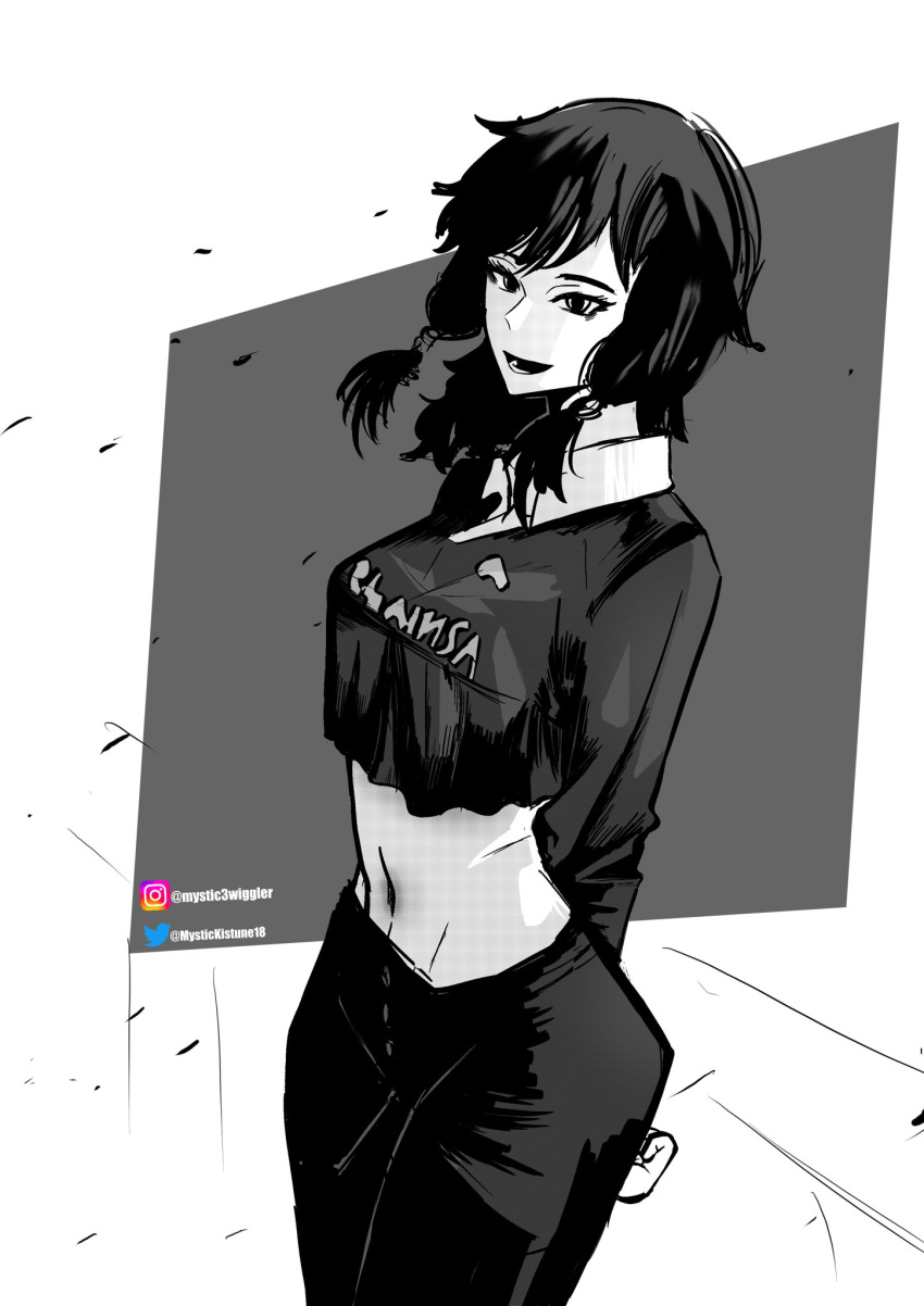 1girl, arms_behind_back, black_hair, chainsaw_man, collar, crop_top, english_text, highres, long_sleeves, medium_hair, midriff, mifune_fumiko, mystickistune18, open_mouth, signature, smile, solo