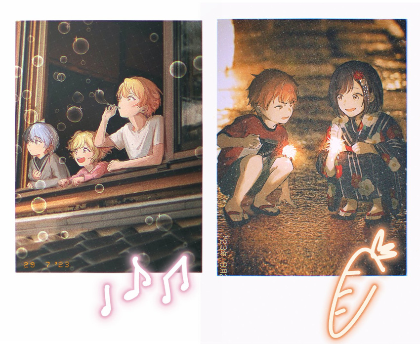 2girls, 3boys, aged_down, aoyagi_touya, blonde_hair, blue_hair, blurry, blurry_background, bob_cut, brother_and_sister, brown_eyes, brown_hair, bubble, carrot, commentary, dark_blue_hair, fireworks, floral_print, grey_sweater, hair_ornament, holding, japanese_clothes, kimono, long_sleeves, multicolored_hair, multiple_boys, multiple_girls, musical_note, open_mouth, orange_eyes, outdoors, project_sekai, shinonome_akito, shinonome_ena, shirt, short_sleeves, siblings, slippers, sparkler, split-color_hair, squatting, sweater, t-shirt, tenma_saki, tenma_tsukasa, toupou39, two-tone_hair, white_shirt, yellow_eyes
